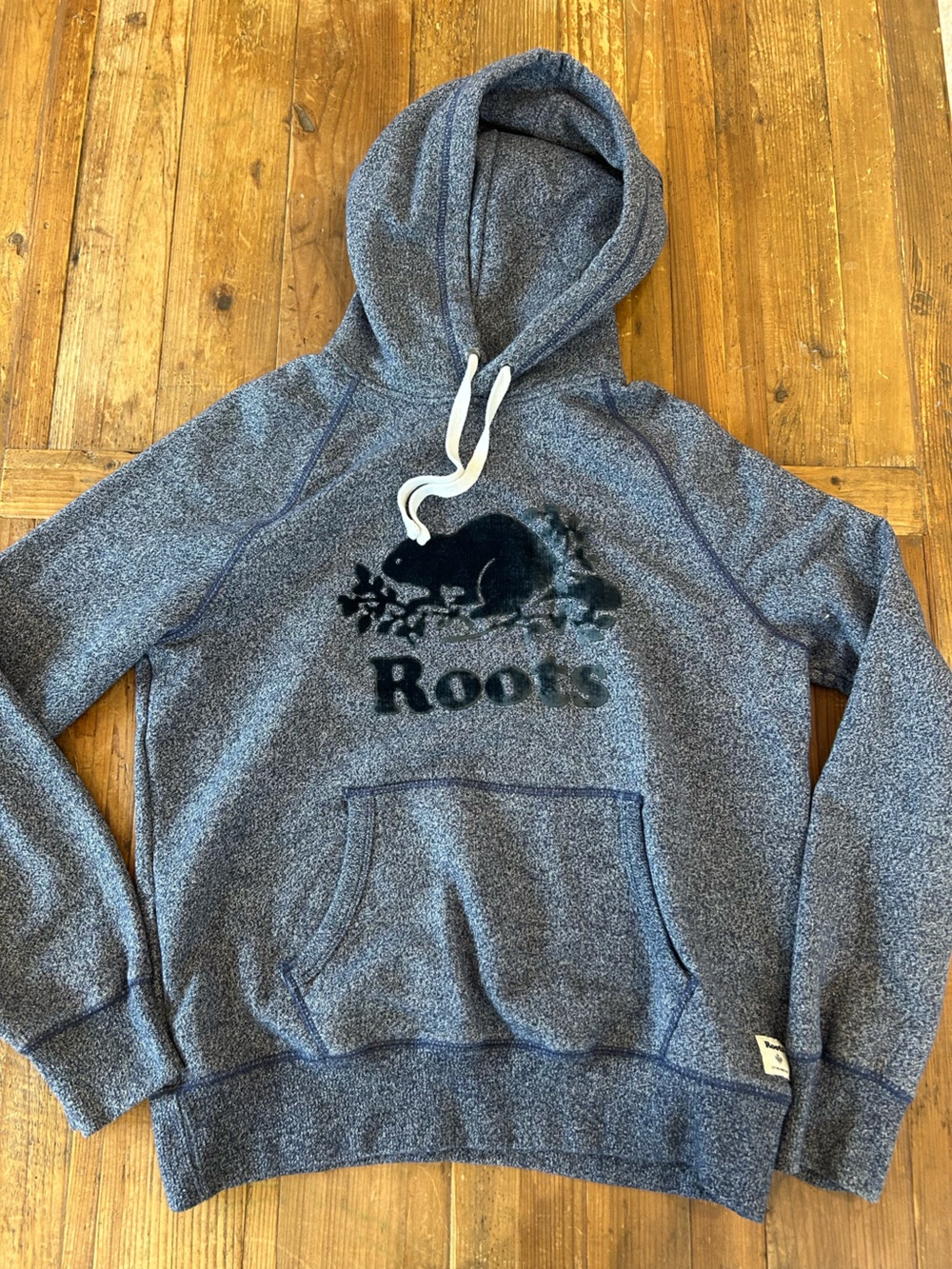 Roots Men's Blue Marled Crewneck Hoodie with Logo